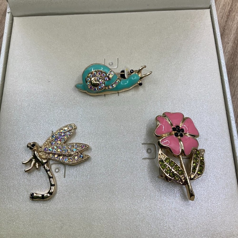 Kim Rogers NIB Snail, Dragonfly, Flower Rhinestone Brooches Pin